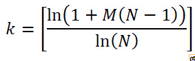 k равно целой части логарифма от (1+M*(N-1)) по основанию N