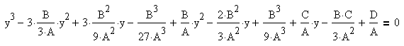 y^3 - 3*B/(3*A)*y^2 + 3*B/(3*A)*y^2 - B^3/(27*A^2) +B/A*Y^2 - 2*B^2/(3*A^2)*y + B^3/(9*A^3) + C/A*y - B*C/(3*A^2) +D/A = 0
