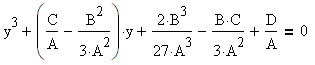 y^3 + (C/A - B^2/(3*A^2))*y + 2*B^3/(27*A^3) - B*C/(3*A^2) + D/A = 0