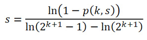 S = ln(1-p(k,s))/(ln(2^(k+1)-1)-ln(2^(k+1))) 
